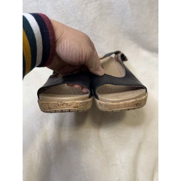 CROCS A-Leigh Black Leather Slingback Strap Cork Wedge Sandals Size 10 - Picture 7 of 12